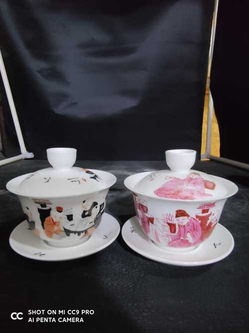 景德镇陶瓷老厂手工绘制粉彩茶具盖碗三才敬茶水杯盖碗