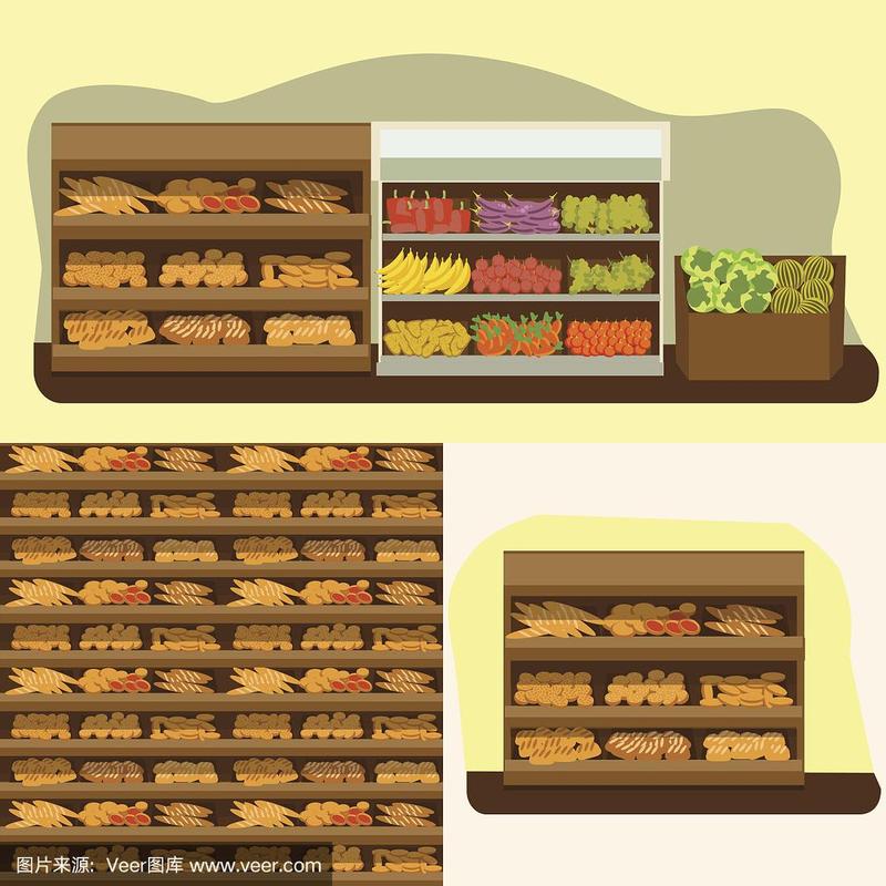 面包店货架与面包在超市,大选择新鲜产品销售在食品店室内,商店矢量