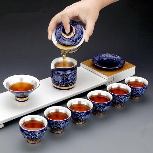 一件代发 银茶具足银999隔热青花瓷内镶嵌银茶壶茶杯套装实用礼品
